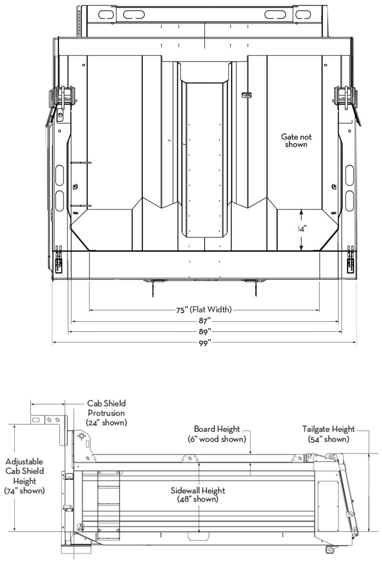NeuStar Smooth Side-Wall gravel box dimensional drawing showing sidewall, board, tailgate and cab shield heights